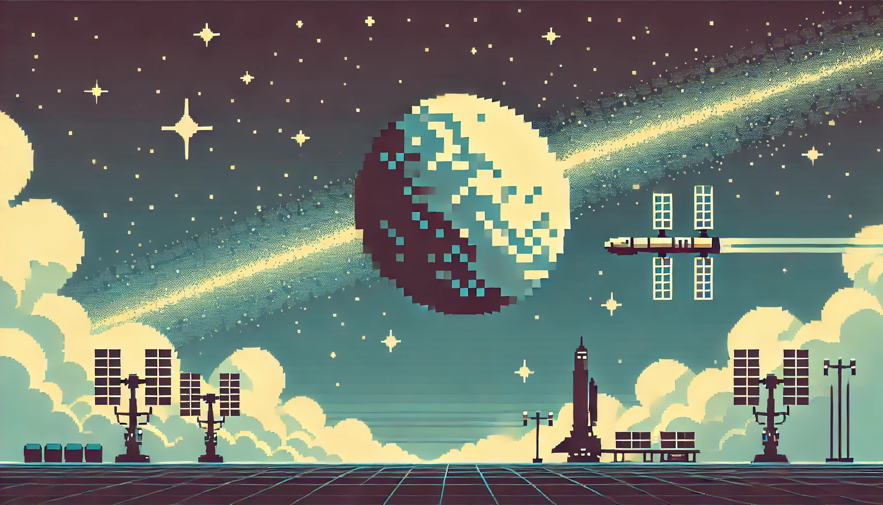DALL·E 2024 07 15 01.05.48   A minimalist sci fi scene with a retro game look, featuring a pixelated space station orbiting a pixelated planet. The background includes a lot of ne